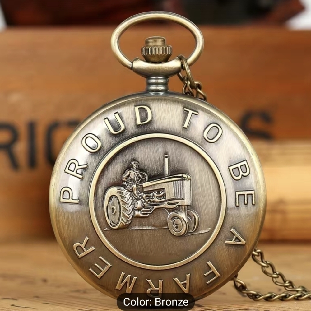 New Vintage Bronze "Proud To Be A Farmer" Design Quartz Pocket Watch Necklace